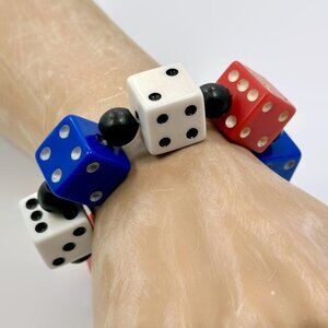 Dice Bracelet, Red, White, Blue, Lucite, Lucky, Vintage, Stretch, Chunky, Big
